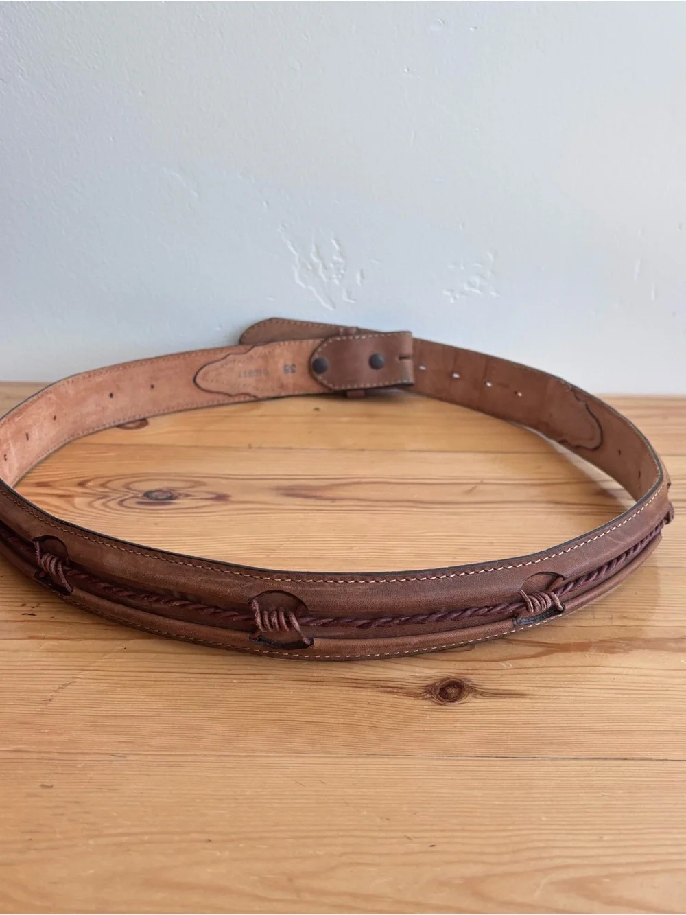 Justin Fenced In belt strap Brown leather with barbed wire Size 38 -NO BUCKLE